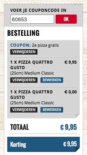 Couponcode voor 2e pizza gratis