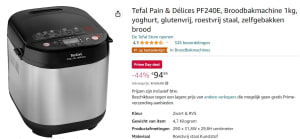 Tefal Pain & Délices PF240E, Broodbakmachine voor €94,99 bij Amazon