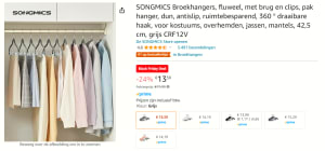 12 stuks Songmics kleerhangers met clip en antislip voor €13,59 bij Amazon