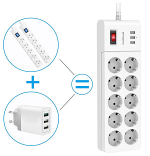 Regletas Enchufes con 10 Toma de Corriente y 3 USB Puertos con Proteccion  Sobretension a 23