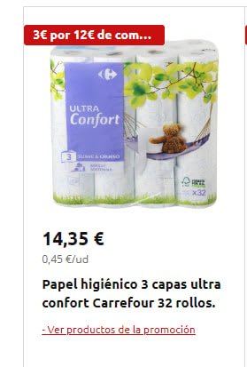 Carrefour Papel higiénico 3 capas ultra confort Carrefour 12 rollos