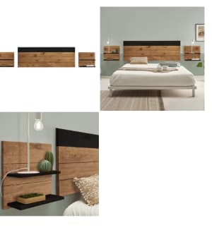 Cabecero madera encerado y negro 150cm y 2 mesitas madera con estantes