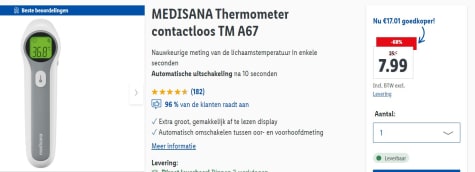 alleen handel Gemaakt om te onthouden MEDISANA Thermometer contactloos TM A67 - Voorhoofdthermometer voor €7,99  in de Lidl Webshop