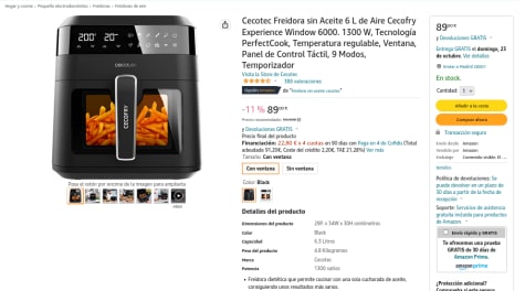 Cecotec Freidora sin Aceite 6 L de Aire Cecofry Experience Window 6000.  1300 W, Tecnología PerfectCook, Temperatura regulable, Ventana, Panel de  Control Táctil, 9 Modos, Temporizador : : Hogar y cocina