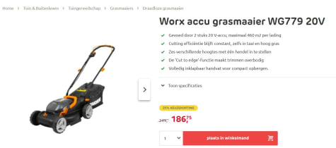 Spaans bureau kijken Worx accu grasmaaier WG779 20V voor €186,75 bij Praxis