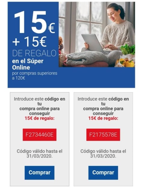 Código con 15€ de descuento en compras desde 120€ Carrefour