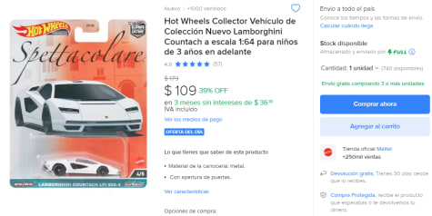 Hot Wheels Collector Vehículo de Colección Nuevo Lamborghini Countach a  escala 1:64 para niños de 3 años en adelante