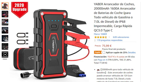 YABER Arrancador de Coches 20000mAh 1600A Arrancador de Baterias de Coche  de IP68 Impermeable, Carga Rápida