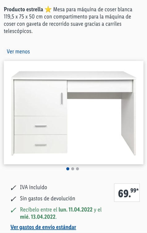 Mesa para máquina de coser blanca solo 69,99€