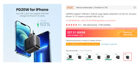 Ugreen-cargador USB tipo C GaN de 65W, dispositivo de carga rápida 4,0 3,0