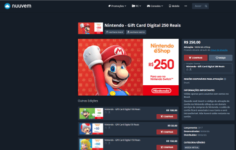 Cartao Eshop 100 Reais Nintendo Switch