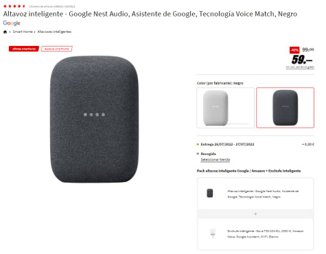 Google Nest Audio, Asistente de Google, Tecnología Voice Match + Enchufe  inteligente Ezviz T30-10A-EU, 2300 W por 59€