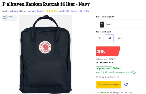 Klokje Mens Preek Fjallraven Kanken Rugzak 16 liter navy voor €39 bij Bol.com