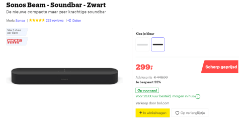 Sonos Beam - Slimme soundbar voor €299