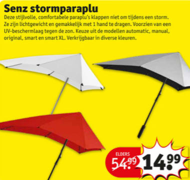 Geladen jungle schipper Senz stormparaplu voor €14,99