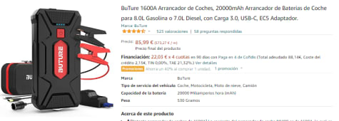 BuTure 1600A Arrancador de Coches, 20000mAh