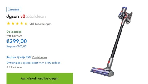 Dyson V8 Total Clean + gratis accessoireset t.w.v. €100 voor €299 bij Dyson