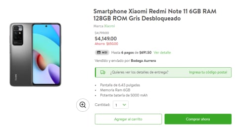 Smartphone Xiaomi Redmi Redmi Note 11 6GB RAM 128GB ROM Gris Desbloqueado