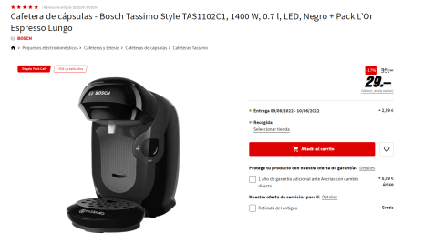 Cafetera de cápsulas  Bosch Tassimo Style TAS1102C1, 1400 W, 0.7 l, LED,  Negro + Pack L'Or Espresso Lungo