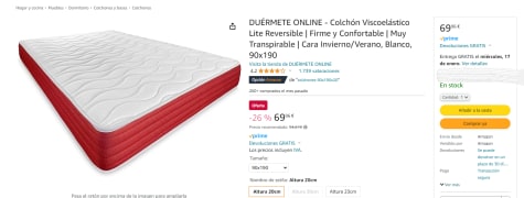 Colchón 90 X 190 Viscoelástico Lite 20cm Reversible, Firme Y Confortable, Cara Invierno / Verano con Ofertas en Carrefour