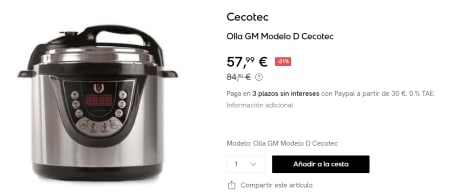 Cecotec Olla Electrica a Presión Programable Olla GM Modelo D. 1000 W,  Multifunción, 9 Menús, Función Freír, Capacidad de 6l, 90 kPa, Guiado por  Voz