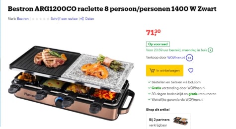 Bestron ARG1200CO Raclette steengrill gourmetstel voor €71,30 bij bol.com