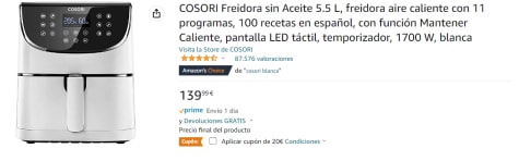 Cosori Premium Chef Edition Freidora de Aire Sin Aceite 5.5L 1700W Blanca