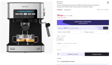 Cecotec Power Espresso 20 Matic/ 850W/ 20 Bares - Cafetera