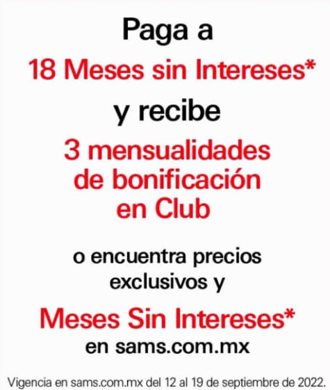 18 MSI + 3 meses de bonificación en Club en Sam's