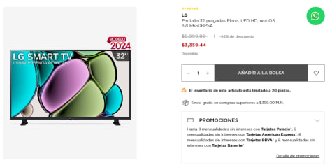 Pantalla smart TV LG LED de 32 pulgadas Full HD 32LR650BPSA