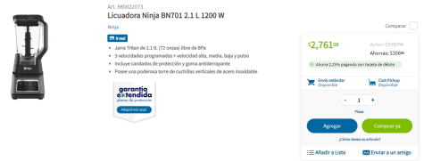 Licuadora Ninja BN701  L 1200 W por $2,761 MXN