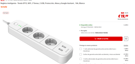 Regleta inteligente  Tenda SP15, WiFi, 3 Tomas, 2 USB, Protección, Alexa y  Google Assitant , 16A, Blanco