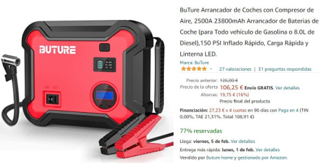 BuTure Arrancador de Coches con Compresor de Aire por 106,25€