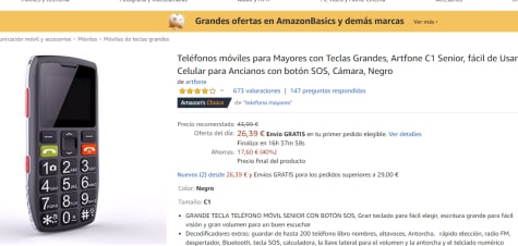 Teléfono Artfone C1 Móvil para Mayores con Teclas Grandes por 26,39€