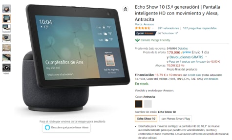 Echo Show 10 - Pantalla inteligente HD con movimiento y Alexa