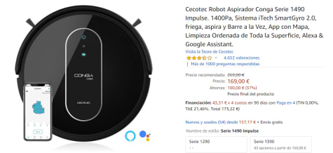 Cecotec Robot Aspirador Conga Serie 1490 Impulse. 1400Pa, Sistema iTech  SmartGyro 2.0, friega, aspira y Barre a la Vez, App con Mapa, Limpieza  Ordenada de Toda la Superficie, Alexa & Google Assistant. 