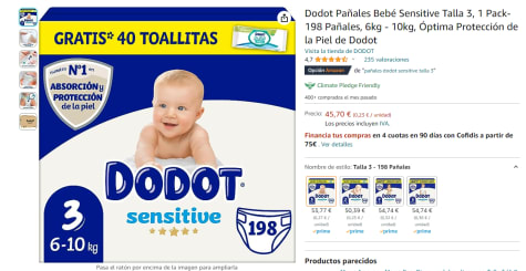 198 pañales Dodot Bebé Sensitive Talla 3 + 40 toallitas Gratis por 45,70€