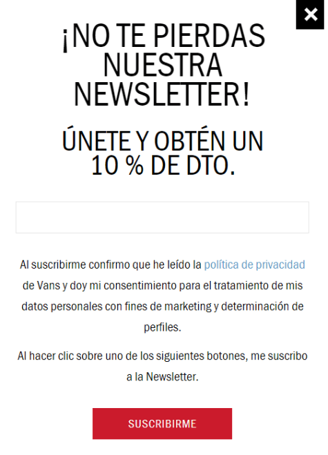 DTO al suscribirte a la Newsletter de VANS