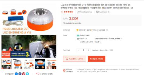 Luz de emergencia V16 homologada DGT para coche, faro