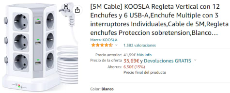 KOOSLA Regleta Vertical con 12 Enchufes y 6 USB-A Proteccion