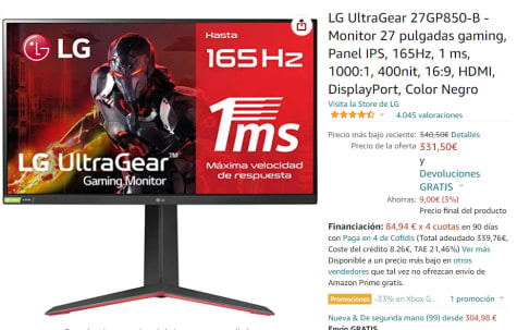 LG 27GP850-B - Monitor Gaming UltraGear 27 pulgadas, Panel IPS, 165Hz, 1  ms, 1000:1, 400nit, 16:9, HDMI, DisplayPort, Dynamic Action Sync