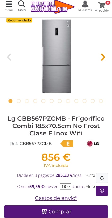 LG GBB567PZCMB - Frigorífico Combi 185x70.5cm No Frost Clase E Inox Wifi