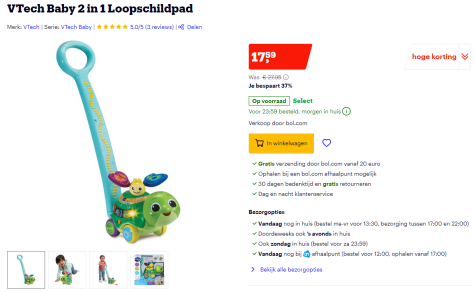 Toeschouwer prins De Alpen VTech Baby 2 in 1 Loopschildpad voor €17,59 bij Bol.com