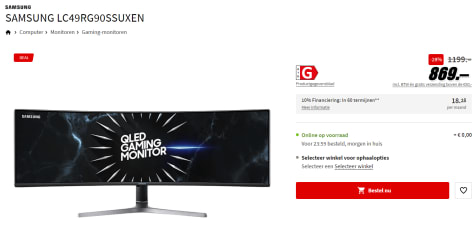 Stoffig botsen haspel Samsung LC49RG90SSUXEN 49 inch gaming monitor voor €869 bij de Mediamarkt