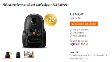 Tegenstrijdigheid compressie schuif Philips FC8785/09 Performer Silent stofzuiger met zak voor €119 + ING 500  Punten