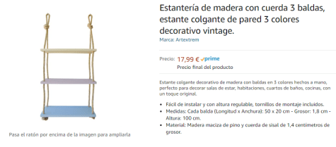 Estantería de madera con cuerda 3 baldas, estante colgante de pared 3  colores decorativo vintage.