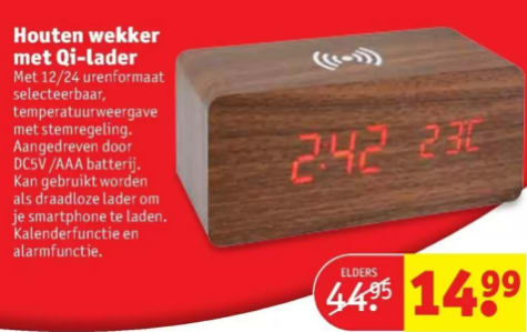 uitsterven bord Toegangsprijs Houten wekker | Houten Qi-charger | Houten klok - Bruin | Draadloze oplader  voor €14,99