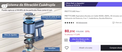 PRETTYCARE-Aspiradora Escoba sin Cable W200, 20kPa, 30 minutos con  Indicación de Potencia, 4 en 1, Inalámbrica, Escoba Eléctrica