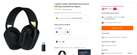 Logitech G435 LIGHTSPEED Auriculares Gaming Inalámbricos Negros