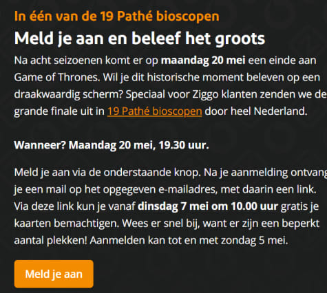 Kijk Gratis Games Of Thrones gratis in Pathé via Ziggo Aanbiedingen Kijk Gratis Games Of Thrones gratis in Pathé via Ziggo Aanbiedingen
